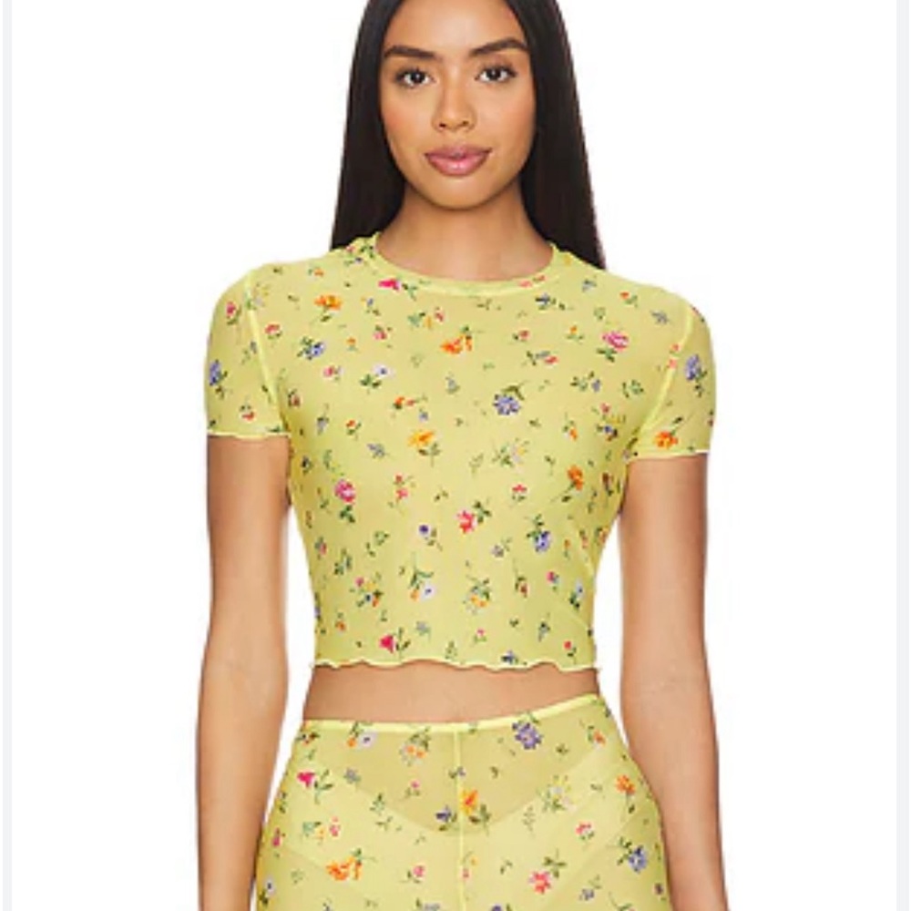 Only Hearts By Helena Stuart Meadow Sweet Baby Tee Yellow Sheer Floral Sz XL